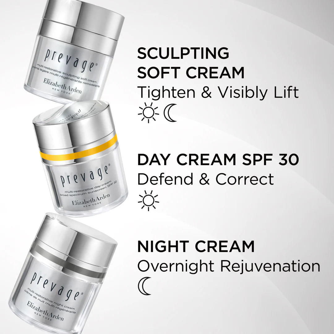 Three silver and white jars of Elizabeth Arden Prevage skincare cream are arranged diagonally on a light gray background with black text describing each product: Sculpting Soft Cream, Day Cream SPF 30, and Night Cream.