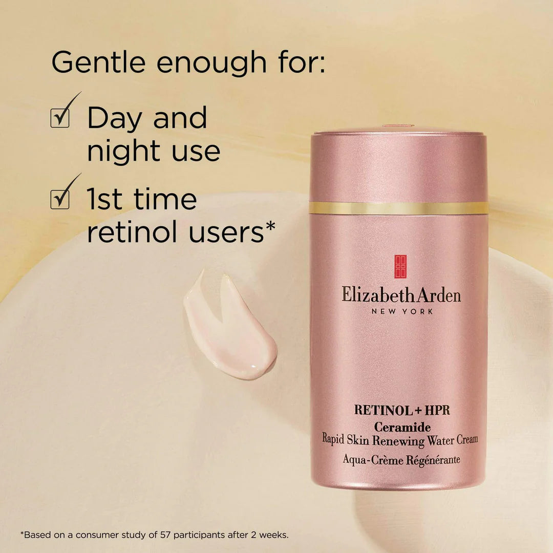 Elizabeth Arden skincare product with text about its use and target users on a beige background