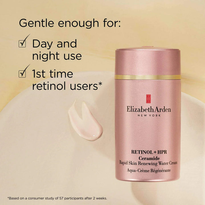 Elizabeth Arden skincare product with text about its use and target users on a beige background