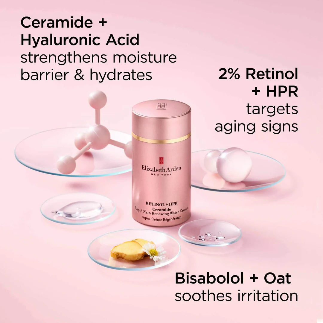 Elizabeth Arden skincare product with ingredients listed on a pink background