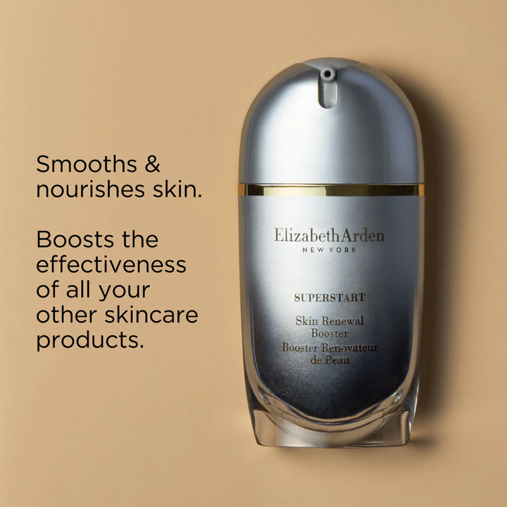 Elizabeth Arden SUPERSTART Skin Renewal Booster on a beige background with text about its benefits.
