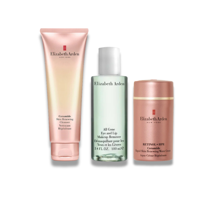 Three Elizabeth Arden skincare products arranged side by side on a white background: a pink-to-cream tube of Ceramide Skin Enhancing Cleanser, a clear bottle of All Gave Eye and Lip Makeup Remover with a white cap, and a pink jar of Retinol + EPE Cream.