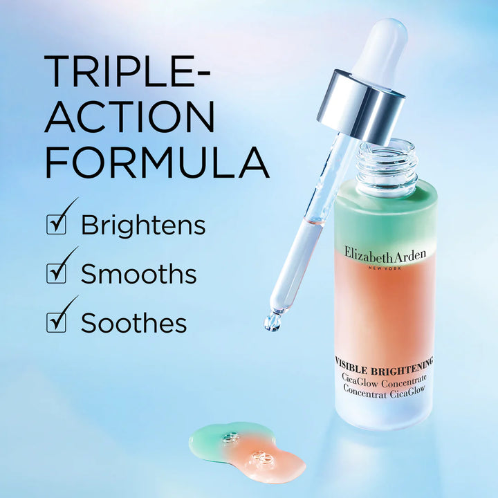 Elizabeth Arden Triple Brightening Gel-Flow Concentrate in a clear dropper bottle with a green-to-peach gradient label, shown beside marketing text listing benefits: brightens, smooths, soothes.