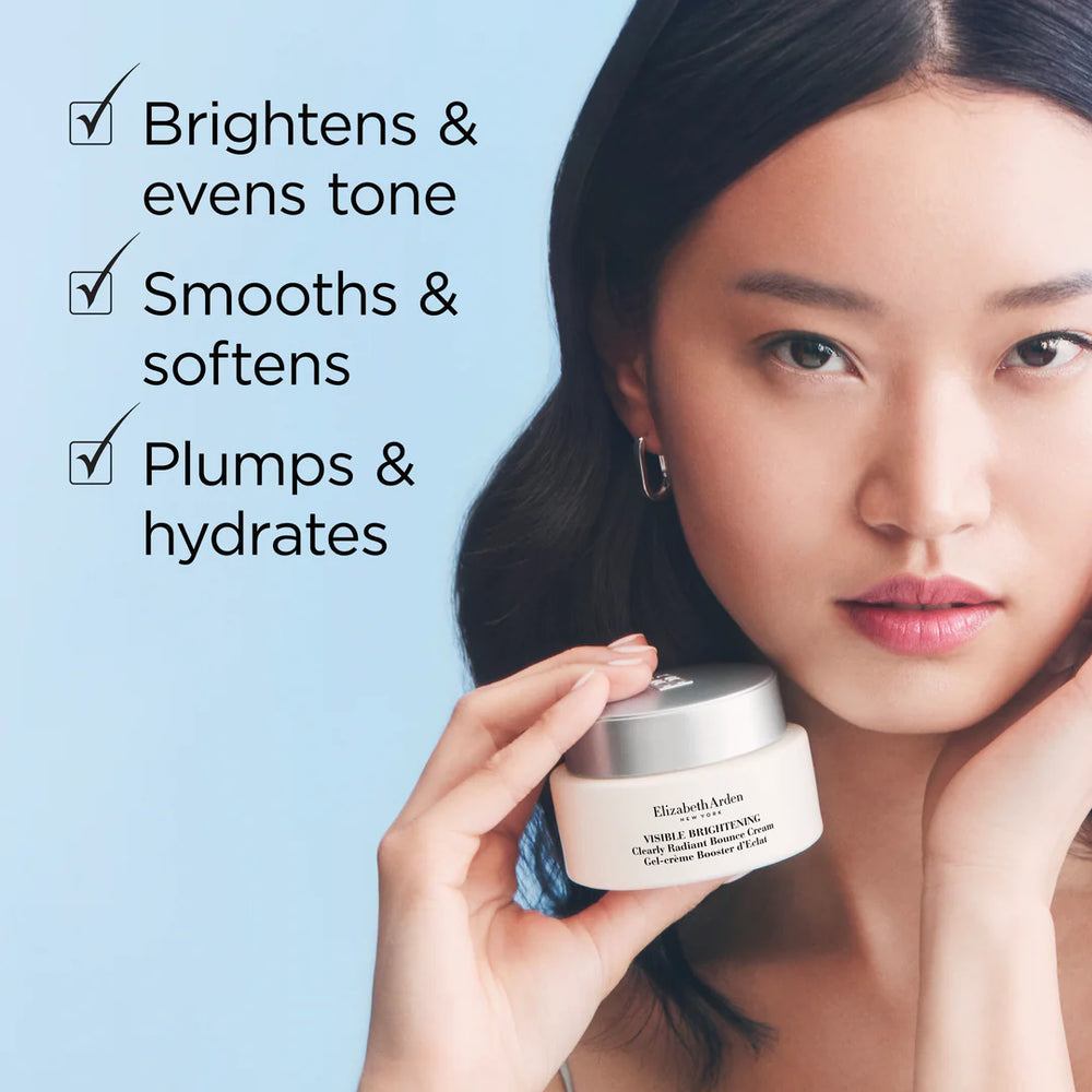 Woman holding a skincare product with text highlighting its benefits on a light blue background