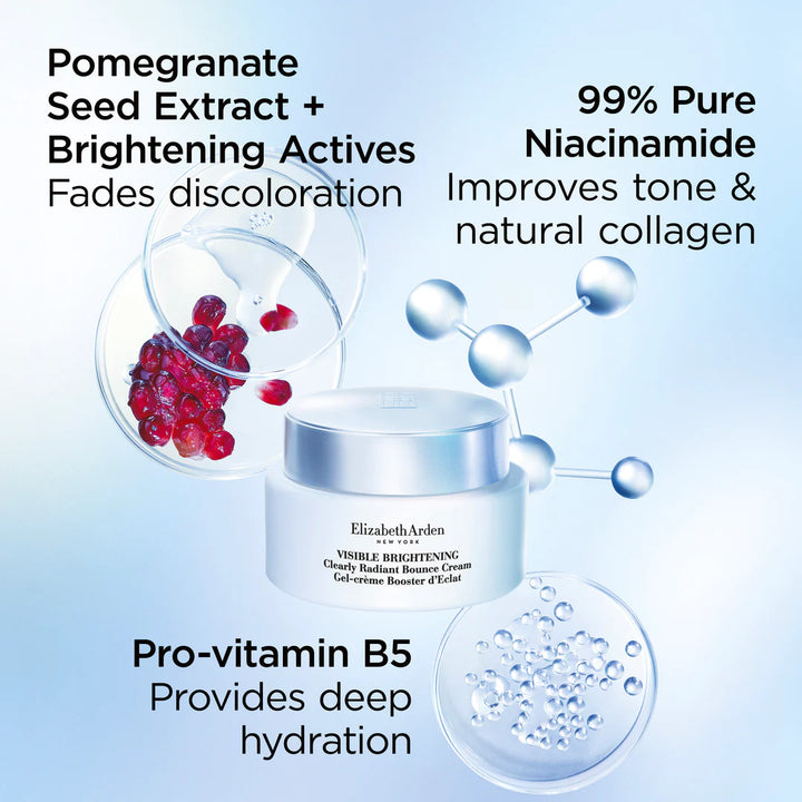 Cosmetic product with ingredients listed on a light blue background
