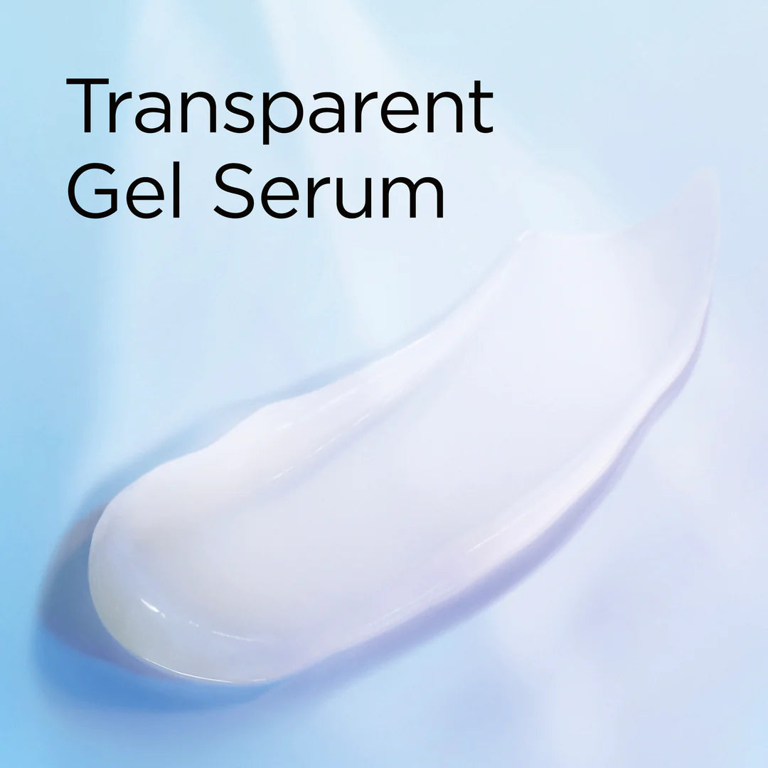 A translucent white gel serum swatch on a light blue background with the text 'Transparent Gel Serum' in black at the top left.