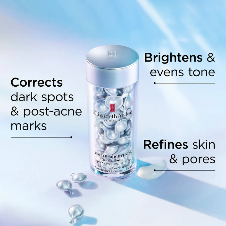 Visible Brightening Clearly Radiant Capsules on a light blue background with text that describe the product.