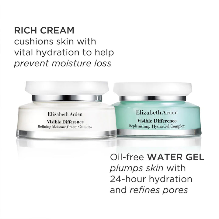 Two Jars - Visible Difference Refining Moisture Cream Complex & Visible Difference Replenishing HydraGel Complex - with text explaining the products on a white background