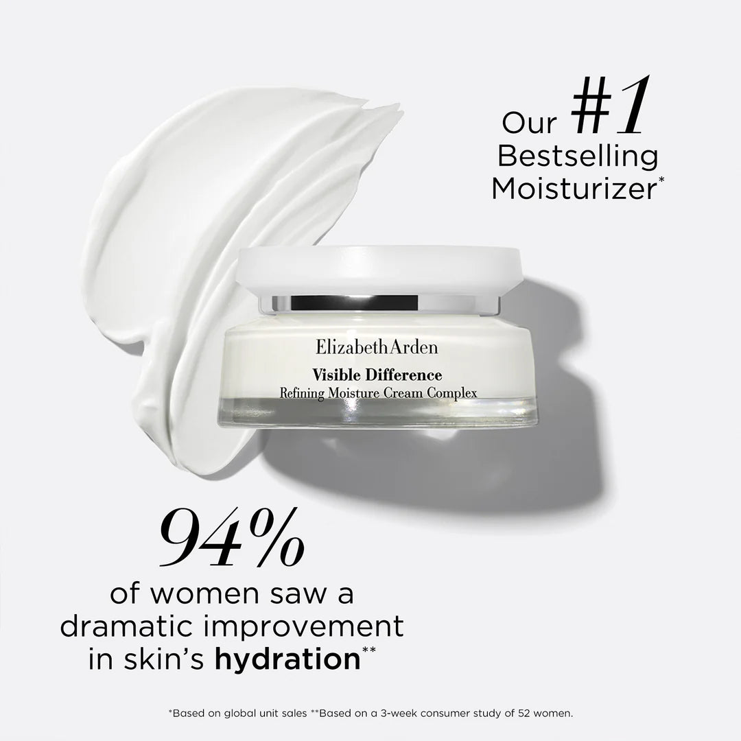 Elizabeth Arden Visible Difference Refining Moisture Cream Complex with text highlighting its popularity and effectiveness