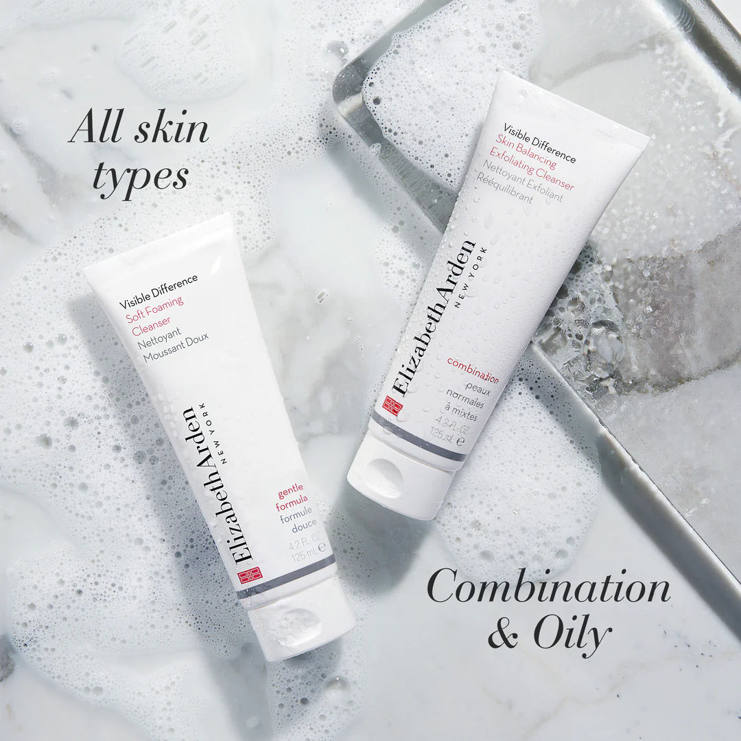 Two Elizabeth Arden skincare products - Visible Difference Soft Foaming Cleanser & Visible Difference Skin Balancing Exfoliating Cleanser -  on a textured surface with text indicating suitability for combination and oily skin.