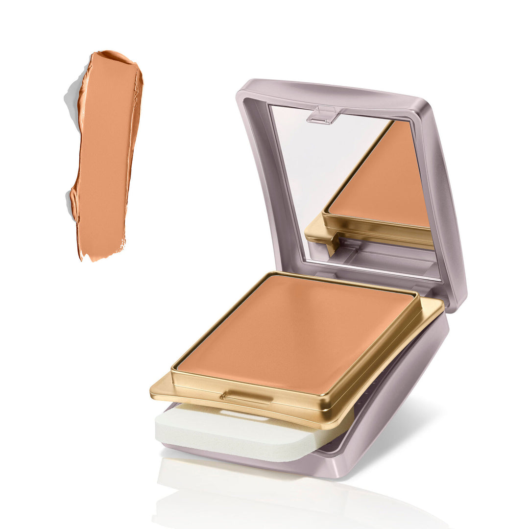 Compact powder with mirror and applicator on a white background