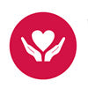 A circular red icon featuring a white heart and two hands forming a supportive gesture, set against a plain white background.