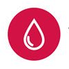 A circular red icon with a white teardrop shape inside, resembling a blood drop or droplet, on a plain white background.