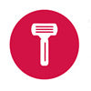A simple icon of a white electric razor inside a solid red circle on a white background.