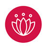 A circular red icon featuring a white stylized lotus flower with three small dots above it, shown on a plain white background.