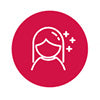 A circular red icon with a white line drawing of a face mask and small star accents, resembling a generic health or safety symbol.