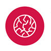 A circular red icon with a white abstract geometric design, resembling a stylized heart or knot, on a plain white background.